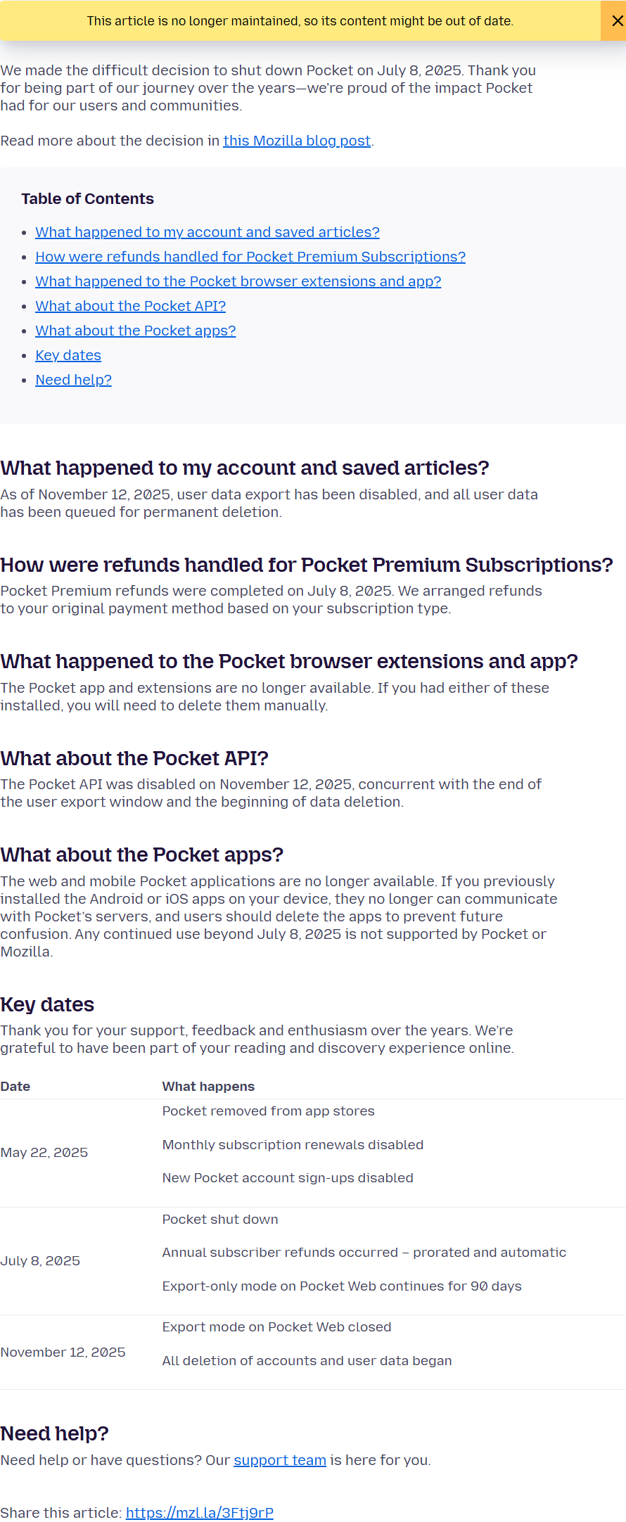 Mozilla's official notice that Pocket shut down on July 8 2025 and deleted user data on November 12 2025