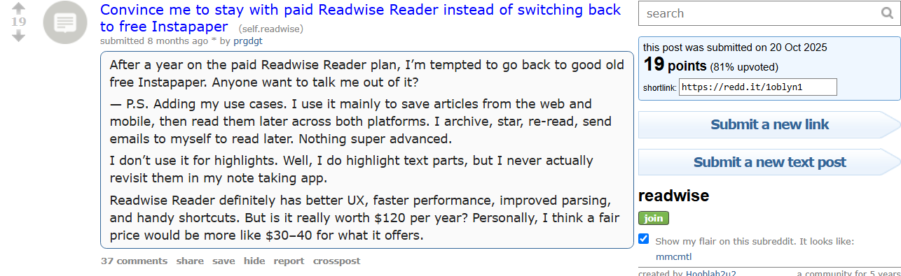 A real r/readwise post from a paid Reader user saying $120 a year is hard to justify