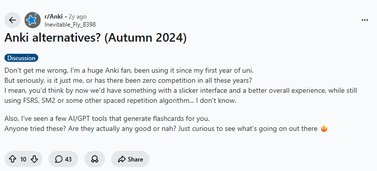 A real r/Anki post asking about alternatives and AI tools that generate flashcards for you