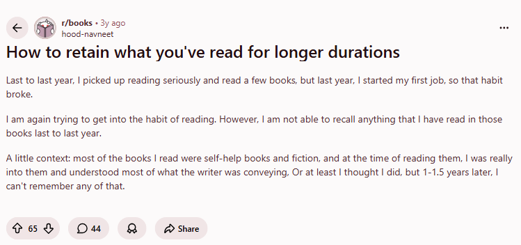 A real r/books thread from a reader who cannot recall anything from books read a year ago