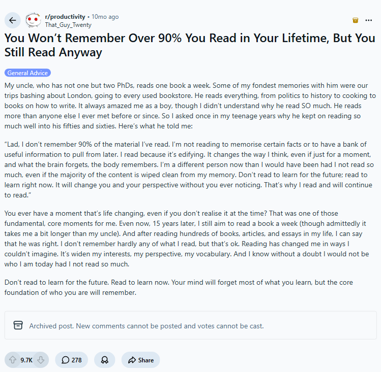 A real r/productivity thread with 9.7k upvotes on the fact that you forget over 90% of what you read