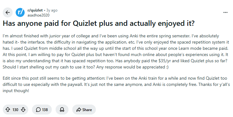 A real r/quizlet post from a student asking whether anyone paid for Quizlet Plus, who then left for Anki after Learn mode was paywalled